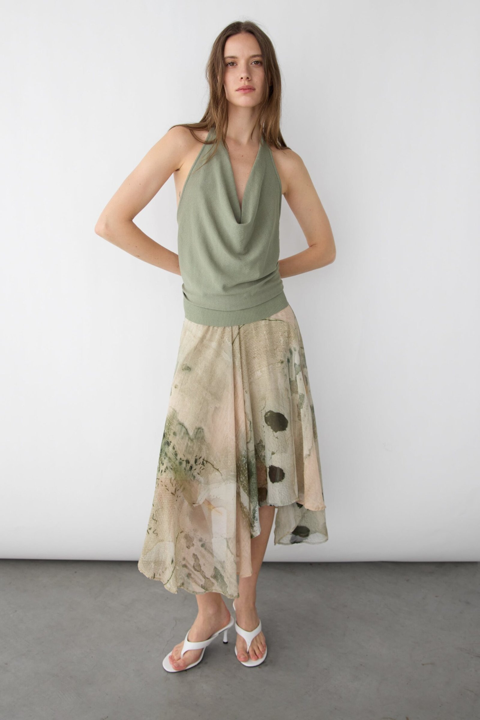 Sweater-15671_LICHEN_GREEN-1.jpg Knit Cowl Neck Halter Top - Image 1