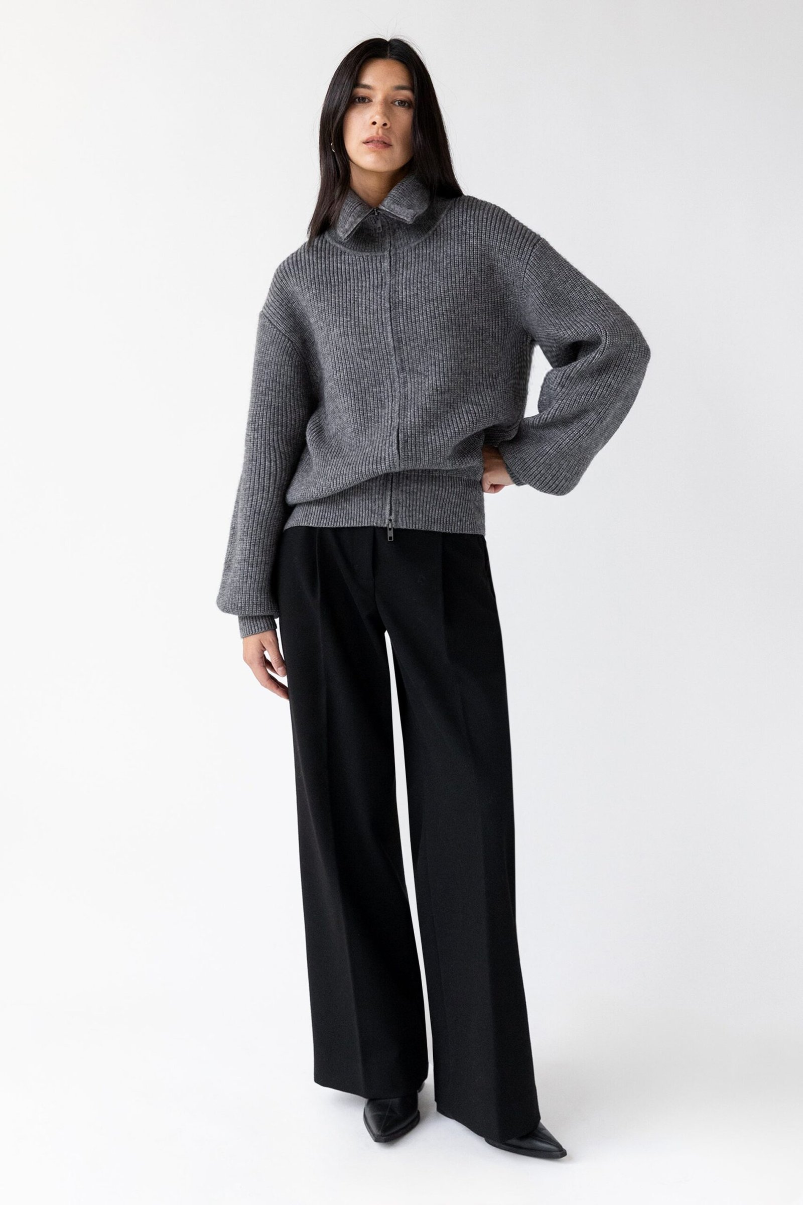 Sweater-9549_Charcoal-1.jpg High Neckline Zip Up Sweater - Image 1