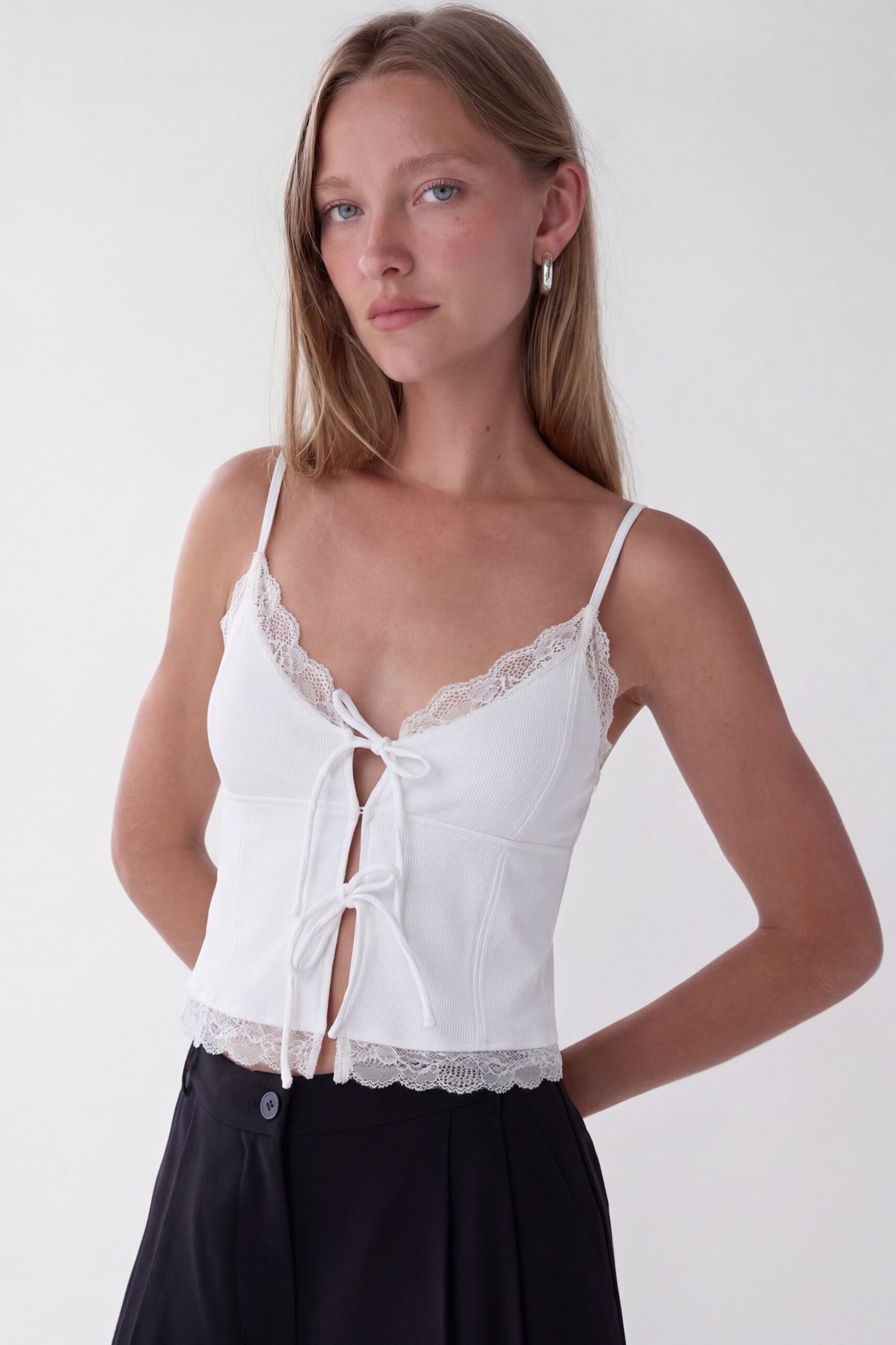 TShirt-13965_White-1.jpg Tie Front Lace Trim Tank Camisole - Image 1