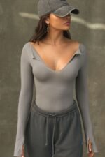 Notched V Neck Long Sleeve